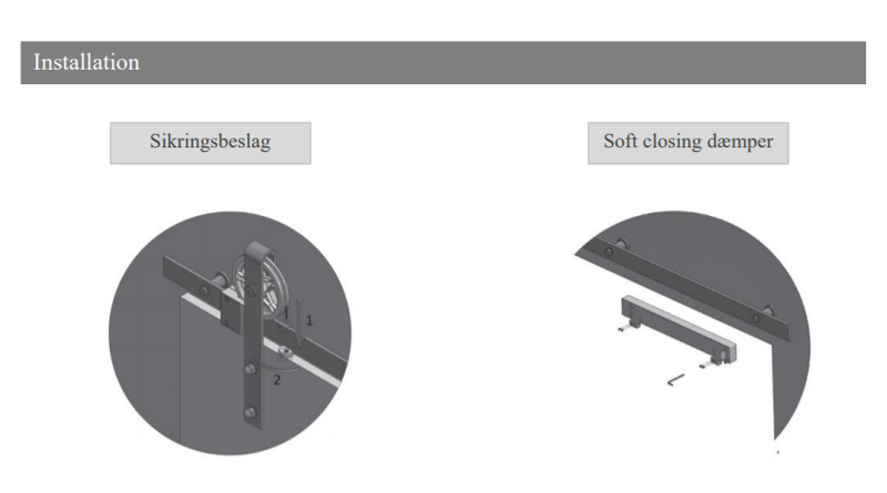 Skinnesæt til skydedør 2000 mm med softclose, sortgalvaniseret stål (sæt)