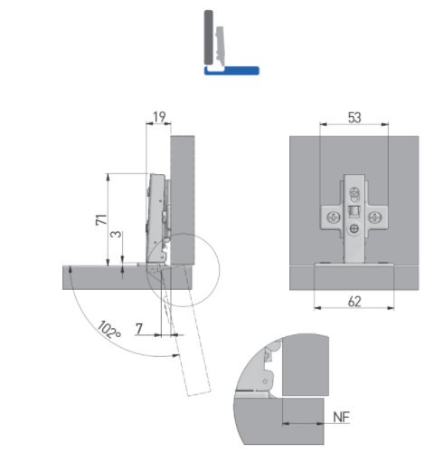 Skjult hængsel Ø35 mm m/softclose t/udenpå-liggende låge, metal