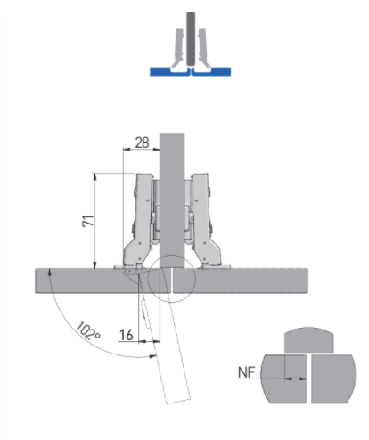 Skjult hængsel Ø35 mm m/softclose t/halvt-udenpåliggende låge, metal