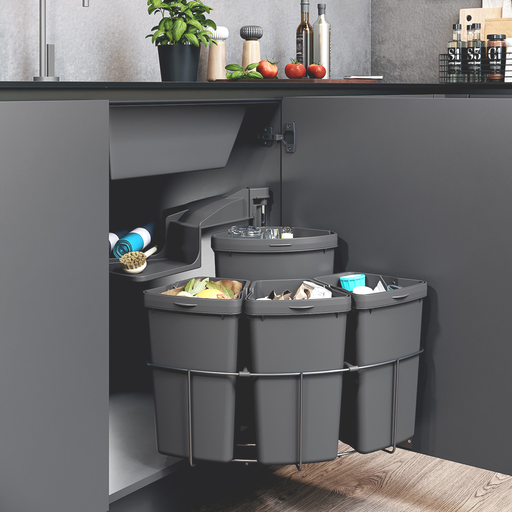 Affaldspand B450xH525 mm - 1x12L + 3x9 L, mørkegrå plastik