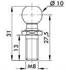 Beslag til gasdæmper M8 gevind Ø10 mm kugle, elgalvaniseret