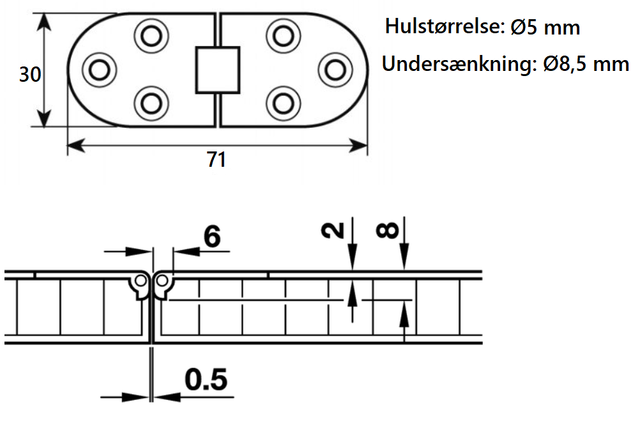 Klaphængsel 30x71 mm, børstet messing