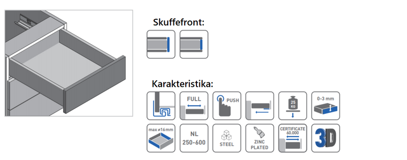 Skuffeudtræk Push-funktion m/fuldtudtræk, metal (sæt)