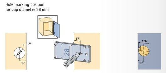 Skjult hængsel Ø26 mm t/udenpå-liggende låge, metal