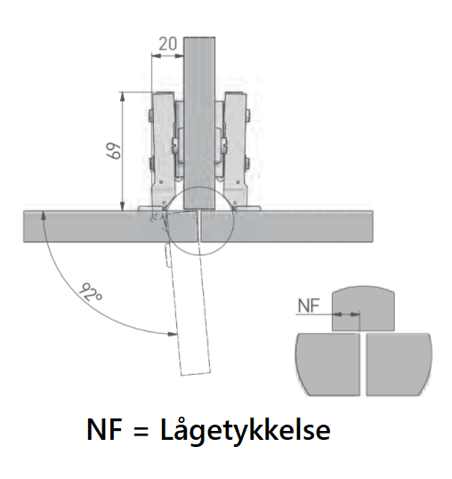 Skjult hængsel m/softclose Ø26 mm t/halvt-udenpåliggende låge, metal