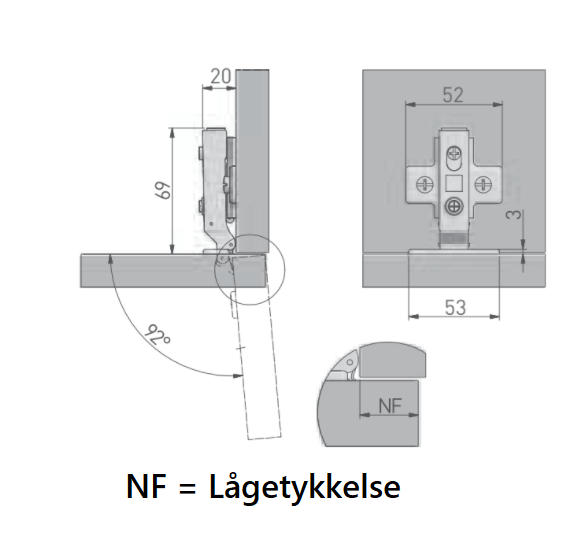 Skjult hængsel m/softclose Ø26 mm t/udenpå-liggende låge, metal