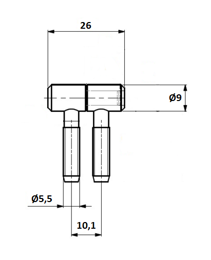 Indboringshængsel Ø9x26 mm med Ø5,5 mm tap, sort metal