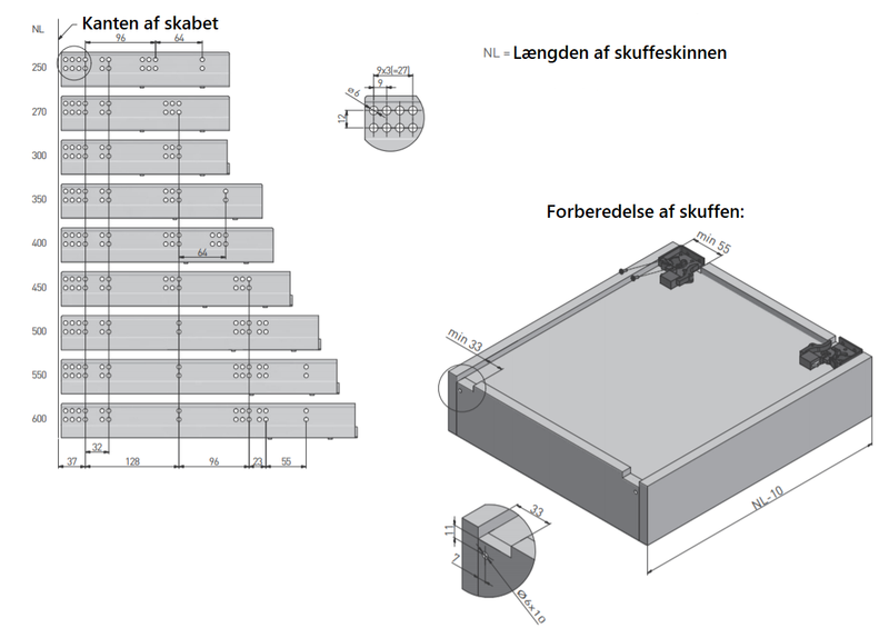 Skuffeudtræk Push-funktion m/fuldtudtræk, metal (sæt)