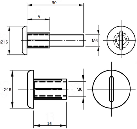 Samleskrue M6x30 mm + bøsning M6x16 mm, hvid plastik (sæt)