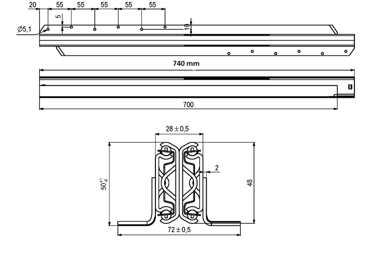 Bordudtræk t/midtertillægsplade 1020 mm åbning, metal (sæt)
